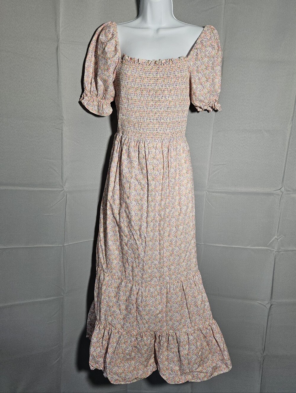English Factory Floral Cottagecore Peasant Tiered Puff Sleeve Pink Maxi Sz Sm